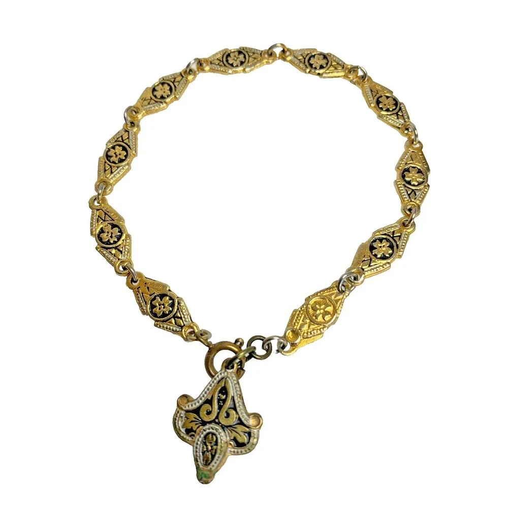 Vintage Damascene Bracelet Made In Spain Black Enamel Gold Tone Charm 7" - Picture 1 of 9
